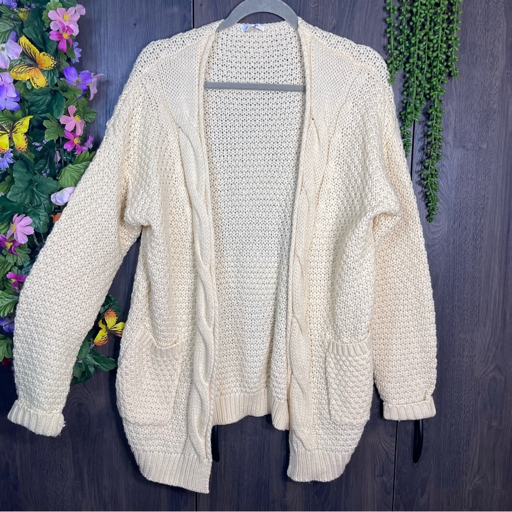 -💙2/$40💙Jodifl Pale Yellow Chunky Knit Woven Pocket Open Front Cardigan S